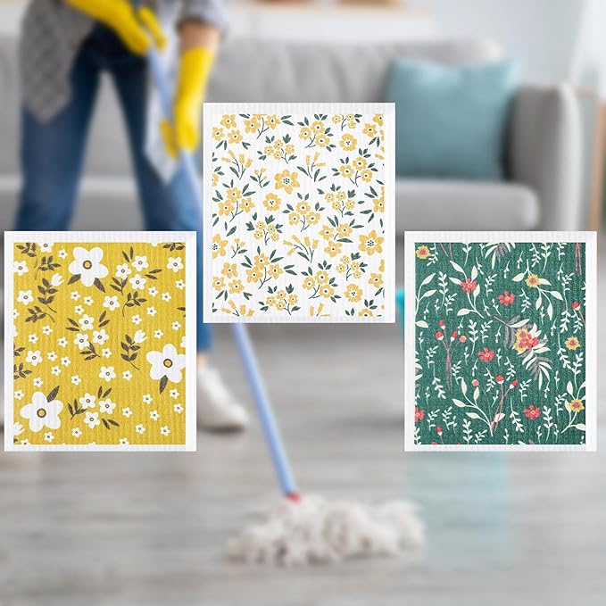 CHENGU 6 Pcs Swedish Kitchen Dish Towels Kitchen Cloth Absorbent Quick Drying Cloths Reusable Dishcloth Small Cleaning Rag for Counter(Flowers Leaves Patterns)