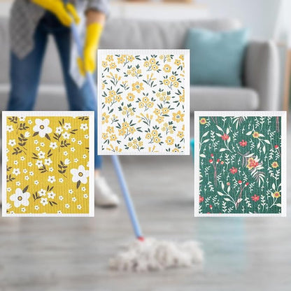 CHENGU 6 Pcs Swedish Kitchen Dish Towels Kitchen Cloth Absorbent Quick Drying Cloths Reusable Dishcloth Small Cleaning Rag for Counter(Flowers Leaves Patterns)