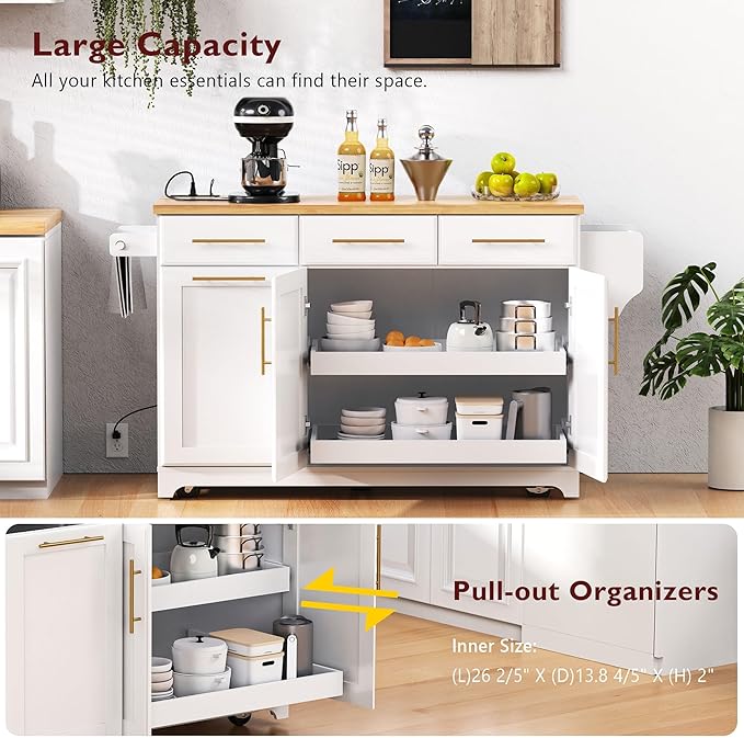 59.3" Kitchen Island with Drop Leaf and Pull Out Trash Can Storage Cabinet, Rolling Kitchen Island Table with Power Outlet, Spice & Towel Rack for Kitchen, Dining, White