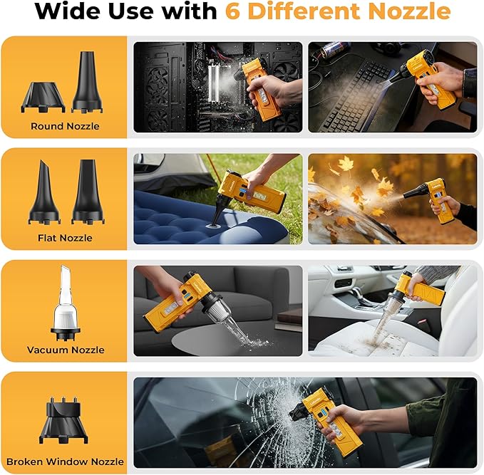 Electric Air Duster, 180000RPM Brushless Motor, Rechargeable Compressed Air Duster with 8000mAh Battery, Stepless Speed Control, 7-Mode Light Mini Blower for PC, Car, Home, Outdoor