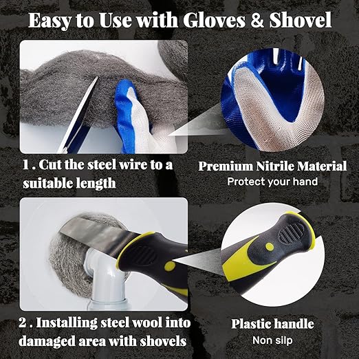 Daily Treasures 2pcs Steel Wool with Nitrile Material Gloves and Large Contact Shovel, Sharp to Prevent Rodents Steel Wool Mice Control, Rodent Control Excluder Mesh for Cracks Vents in Garden House