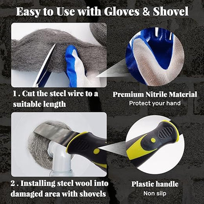 Daily Treasures 2pcs Steel Wool with Nitrile Material Gloves and Large Contact Shovel, Sharp to Prevent Rodents Steel Wool Mice Control, Rodent Control Excluder Mesh for Cracks Vents in Garden House