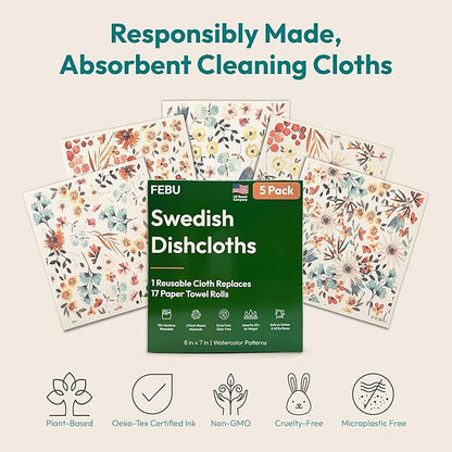 FEBU Swedish Dishcloths for Kitchen | 5 Pack Vintage Kitchen Reusable Paper Towels Washable | Swedish Dish Towels | Non-Scratch Cellulose Sponge Cloths | No Odor, Biodegradable Cleaning Cloths