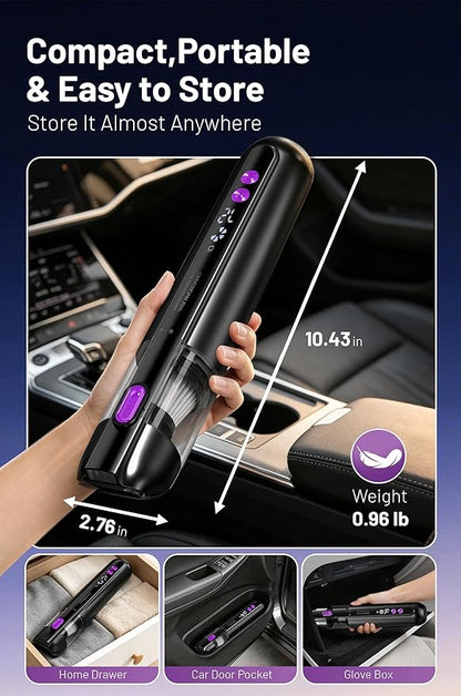 Handheld Cordless Car Vacuum Cleaner 15000Pa, 3-in-1 Portable Vacuum with LED Display & HEPA Filter,USB-C Rechargeable, up to 30-Min Runtime for Car, Home, Desk & Pet Hair(Black)