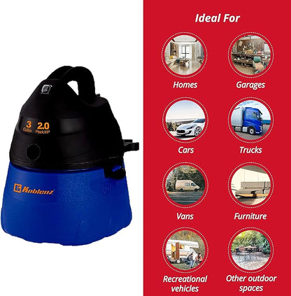 Koblenz Wet Dry Vacuum Cleaner, 3 Gallon 2.0 PHP, Twist-N-Lock Hose, Small Shop Vac, Portable Shop Vac for Home Car Garage Workshop, 10 ft Reach, Accessories Included, Blue/Black, WD-353L