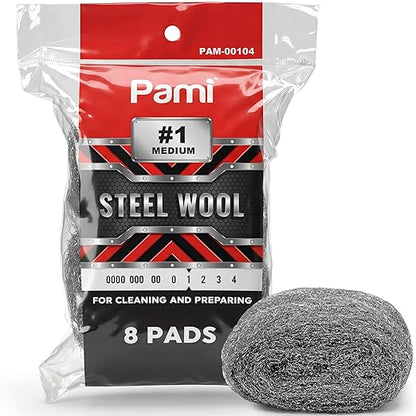 PAMI Pack of 8 Stainless Steel Fiber Sponge Scrubbers - Reusable Non-Scratch Steel Wool Pads (#0000 Oooo to #4) for Kitchen & Bathroom Cleaning
