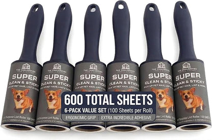 Extra Sticky Lint Roller for Pet Hair (600 Sheets) — 6-Pack, Straight-Cut Sheets, Ergonomic Navy Handles — Cat & Dog Hair Remover for Clothes, Furniture & Car