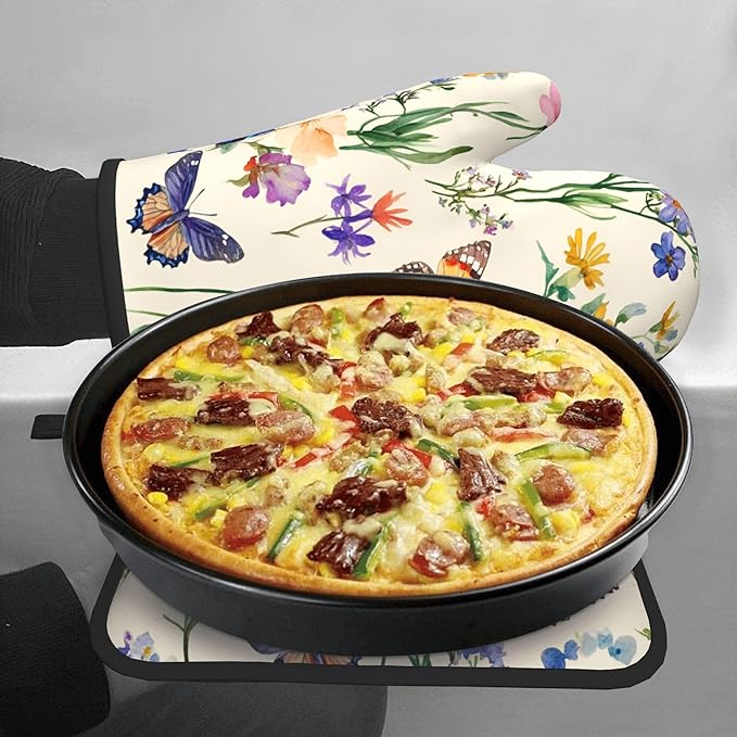 Vintage Floral Oven Mitts and Pot Holders Spring Summer Kitchen Accessories Set of 2 Wildflower Herb Flowers Gloves Potholder for Chef Cooking Baking Grilling BBQ