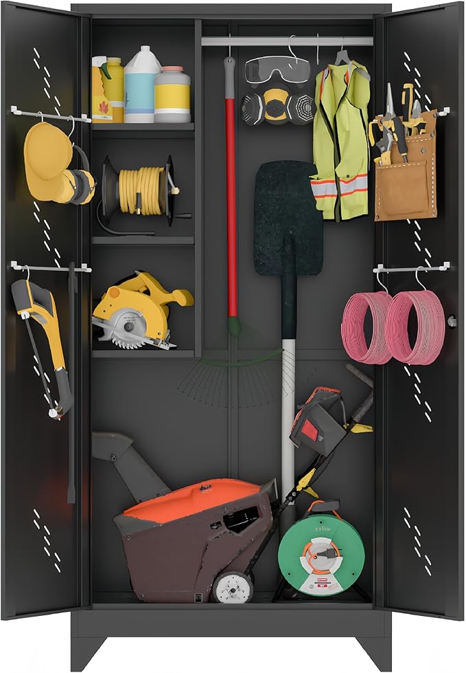 VASAAOSD 75" Metal Storage Cabinet with Lock, Tool Cabinets with Hooks, Heavy-Duty Garage Storage Cabinet for Utility Room, Gym, Basement, Broom Closet, Black