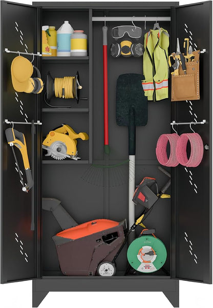 VASAAOSD 75" Metal Storage Cabinet with Lock, Tool Cabinets with Hooks, Heavy-Duty Garage Storage Cabinet for Utility Room, Gym, Basement, Broom Closet, Black