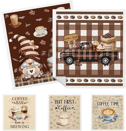 5 Pack Mixed Farmhouse Coffee Bar Kitchen Dishcloths Dish Towel, Dish Towels for Kitchen, Swedish Dishcloth Coffee Bar Decor, Paper Towels Reusable, Dish Cloth Towel Cleaning for Home