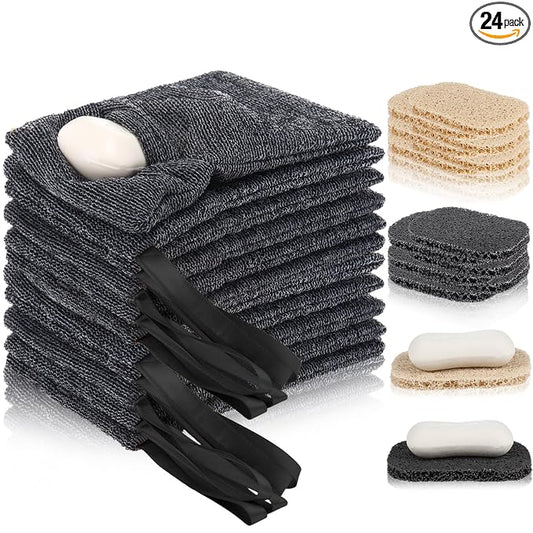 24 Pack Soap Saver & Bag Set Include 12 Soap Pouch and 12 Bar Lifting Pads, Pocket Body Scrubber Rough Sponge Exfoliator, Draining Bar Holder for Bath & Shower