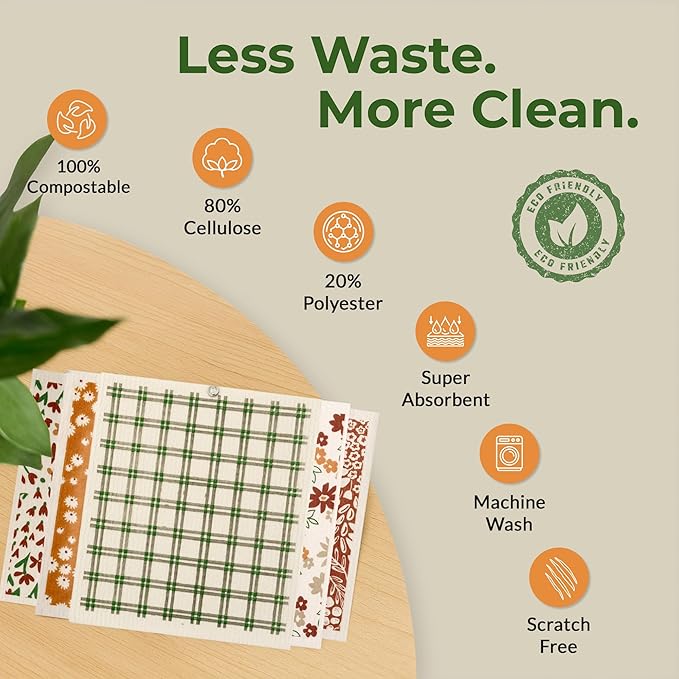 Swedish Dishcloths, Vintage Plant-Based Cellulose, 6.7x7.5 Inch, Super Absorbent, Multi-Surface, Machine Washable, Reusable, 5 Pack (Rust Green Burgundy)