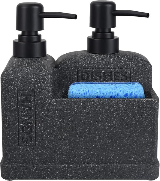 Kitchen Hand Soap and Dish Soap Dispenser Set,Dual Soap Dispenser with Sponge Holder 3-in-1 Organizer for Kitchen Sink,Bathroom,Useful Kitchen Gadgets - Black