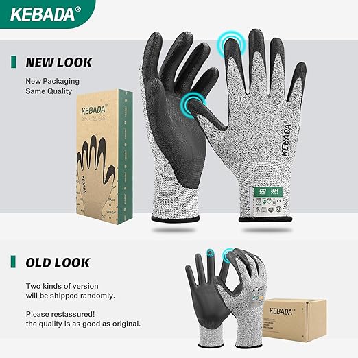 Kebada Cut Resistant Gloves, ANSI A2 Cutting Glove, PU Coated, Touchscreen, Multi-Purpose Model C2, 3 Pairs, Medium