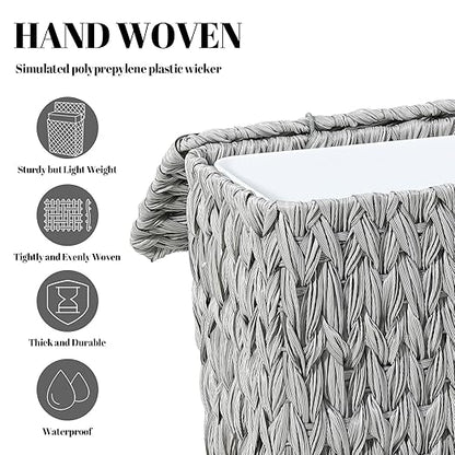 Coeusy 3 Gallon Wicker Trash Can,Grey Bathroom Trash Cans with Lid,Waterproof Slim Waste Basket for Bedroom,Home Office,Narrow Garbage Can with Removable Liner