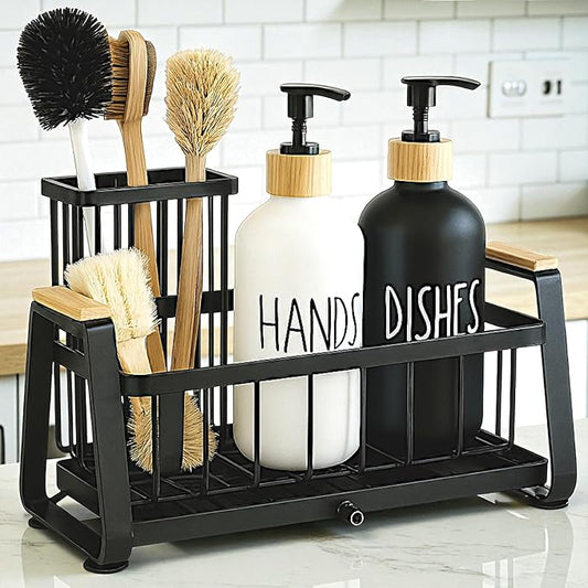 Kitchen Dish Soap Farmhouse Dispenser Set with Sink Caddy, 16OZ Glass Bottle, Hand and Dish Soap Dispenser Set, Non-Slip Silicone Pad, Brush Holder