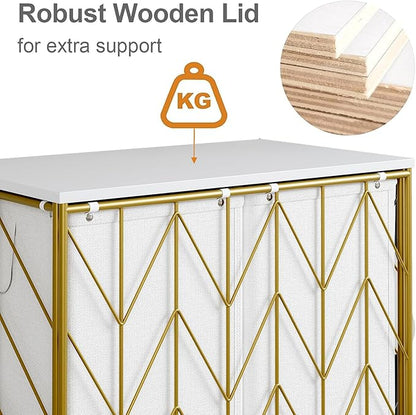 WOWLIVE Laundry Basket with Wheels, Heavy Duty Laundry Hamper with Wood Lid, Clothes Hamper with Divided Removable Liner Bag, Large Capacity Iron-Made Laundry Sorter Laundry Room Organization (Golden)