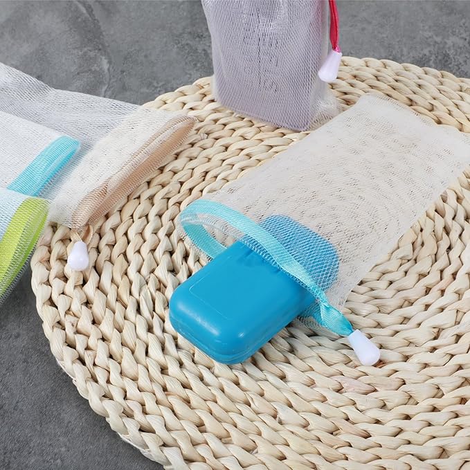 Ymapinc 15Pcs Bar Soap Scrubber Pouch, 6.1x3.1inch Exfoliating Shampoo Bar Savers Bag Loofah Pouch Sleeves with Drawstring for Bath and Shower