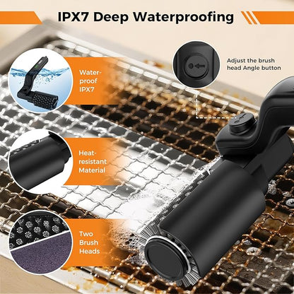 YKYI Electric Grill Brush - Cordless BBQ Brush with 180° Adjustable Head, Rechargeable Grill Brush for Outdoor Grill, IPX7 Waterproof Grill Cleaning Scrubber for Gas, Charcoal Pellet Grills (Black)