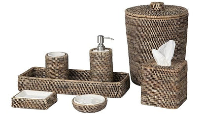 Kouboo La Jolla Rattan Round Waste Basket with Lid & Plastic Insert Black Wash