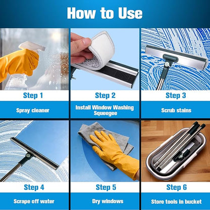 XANGNIER Window Cleaning Kit Tool with Storage Bucket,Window Washing Kit with Extension Pole,Professional Windows Washer Cleaner Squeegee Kits,Commercial&Household Use,Indoor&Outdoor High Windows