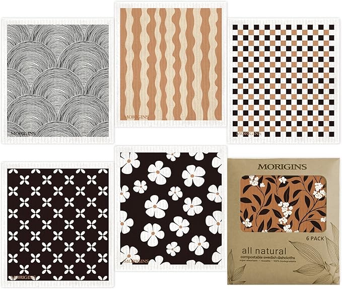 Swedish Dishcloths for Kitchen, 6 Pack Geometric Washable Dish, Rags Cellulose Reusable Cleaning Paper Towels，Absorbent Counter Dish Cloth Sponge Wipes，Biodegradable Kitchen Dish Rags