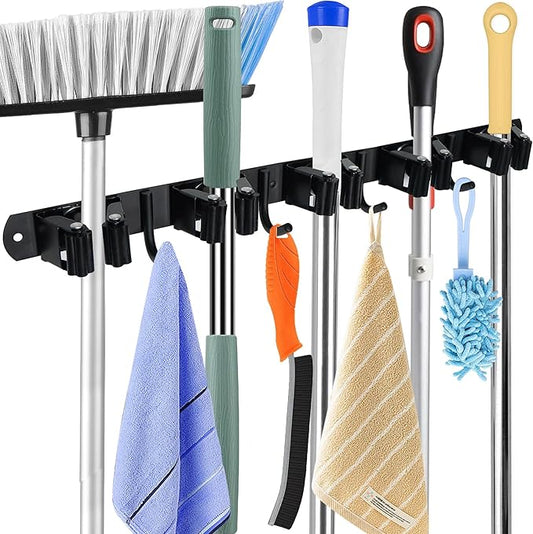 Huryfox Mop and Broom Holder Wall Mounted - Sturdy Stainless Steel Rack with Utility Hooks, 5 Racks, 4 Hooks Adjustable Design and Multiple Storage Organiser Options, Perfect for Kitchen