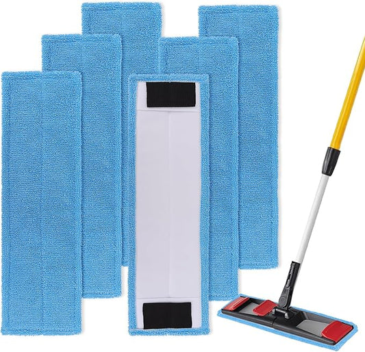 Replacement Flat Mop Pads Fit for Rubbermaid Commercial 18 Inch Adaptable Mops - 6 Pack Wet & Dry Microfiber Professional Cleaners Reusable Refills for Light-Duty Floor Cleaning- Blue
