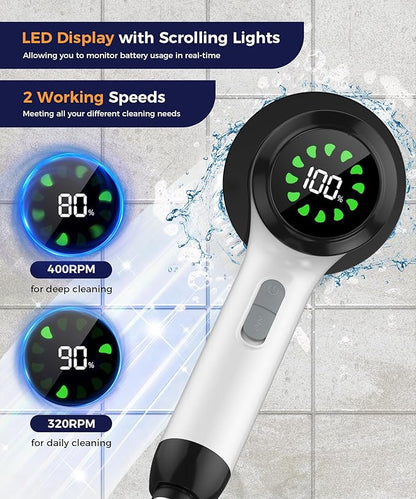 Electric Spin Scrubber, Cordless Cleaning Brush with 7 Replaceable Brush Heads, 2-Speed Adjustable Handle Shower Scrubber, IPX7 Waterproof for Bathroom, Tub, Tile & Floor, Teens, White-qb1...