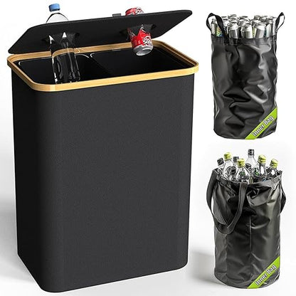 Recycling Bin Kitchen Indoor Home 40 Gallon 156L Recycle Bin with Lid 2 Removeable Reusable Inner Bag Bottle Can Glass Waste Plastice,Big Black
