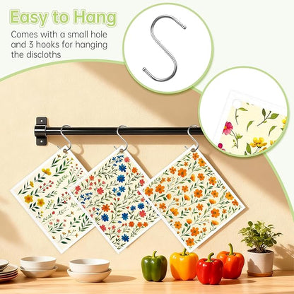 Swedish Dishcloths for Kitchen, 5 Pack Floral Flowers Reusable Paper Towels with 3 Hooks, Washable Dish Cloth Set, Absorbent Cleaning Cloth for Washing Dishes Housewarming Gifts for Friend