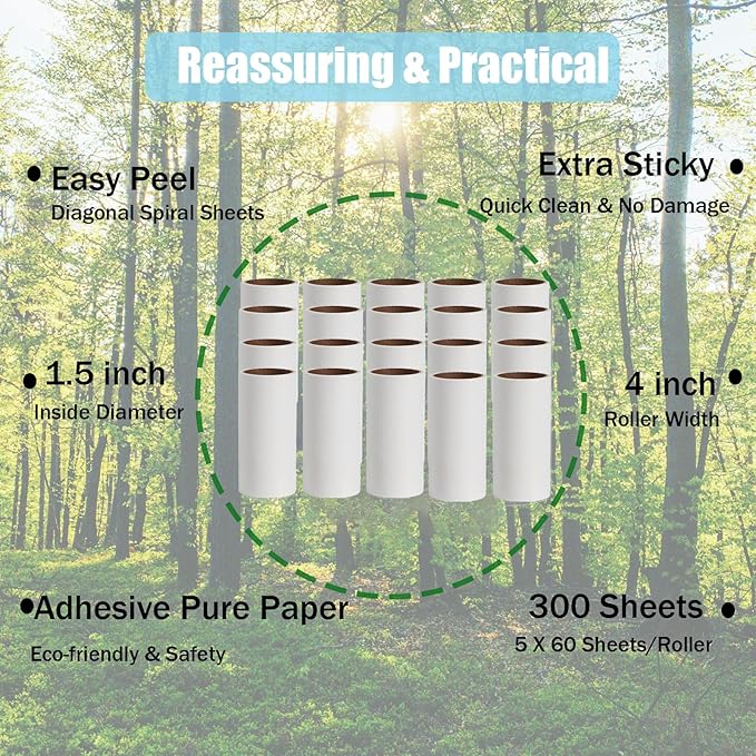 Rgqphantom Lint Roller Refills,Extra Sticky Lint Roller Replacement Refills Only, Inside Diameter 1.5 inch, 60 Sheets per Roll (Pack of 20, Total 1200 Sheets, 4 inch)