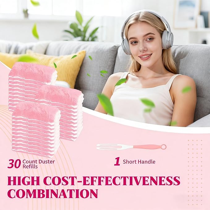 Pink Duster Refill for Swiffer Duster, 30 Count Heavy Duty Duster Refills with 1 Handle, 360 Dusters Refills Kit with 5X Microfibers, Disposable Dusters for Cleaning, Home, Office