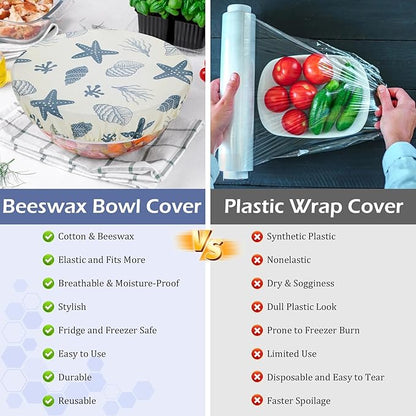 5-Size Reusable Beeswax Bowl Covers for Bread Proofing, Cotton Cloth Flexible Beeswax Wraps for Food Storage(Ocean Series)