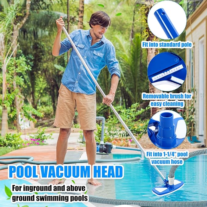 3 Pcs Pool Cleaning Kit Swimming Pool Vacuum Head Hoses 1-1/2" x 30ft with Swivel Wheel Vacuum Head and 14 '' Brush for Inground & Above Ground Pools Spas Ponds Cleaning Manual(Classic)
