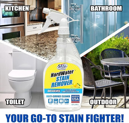 SANI 360° Hard Water Stain Cleaner (32 oz) 60 second multi-surface sealant and cleaner. Reduces buildup, calcium, limescale, rust, and soap scum. Lemon scent MADE IN USA