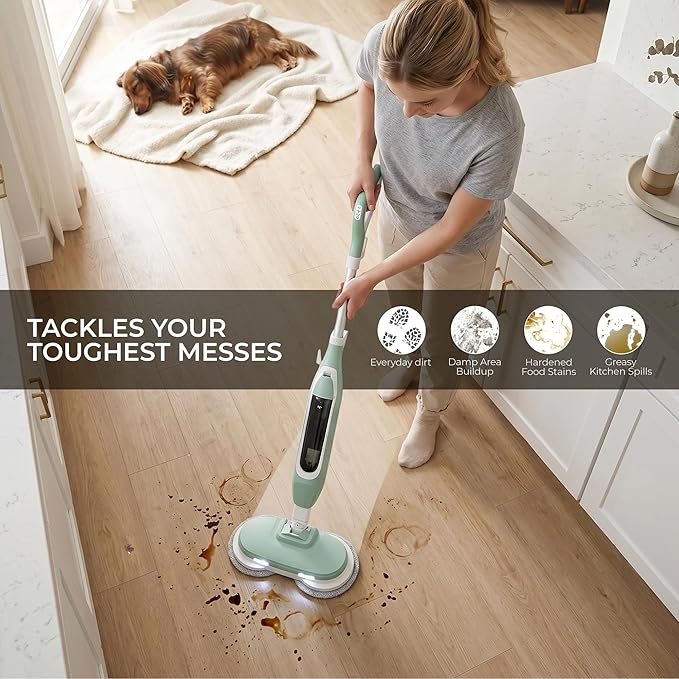 Steam Mop, All-in-One Steam and Scrub Hard Floor Cleaner with LED Headlights, 450ml Tank, 4 Soft Pads, Dual Power, Swivel Steering for Hardwood, Tile and Laminate
