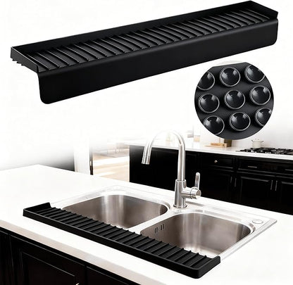 Silicone Sink Edge Protector Splash Guard,Sink Granite Edge Protector,20x4 Inch with Suction Cups & 5°Tilt, Cuttable for Kitchen Bathroom Countertops, Granite Quartz Surfaces (Black)