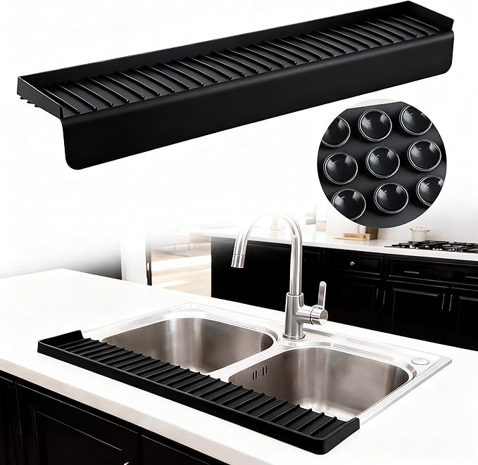 Silicone Sink Edge Protector Splash Guard,Sink Granite Edge Protector,24x4 Inch with Suction Cups & 5°Tilt, Cuttable for Kitchen Bathroom Countertops, Granite Quartz Surfaces (Black)