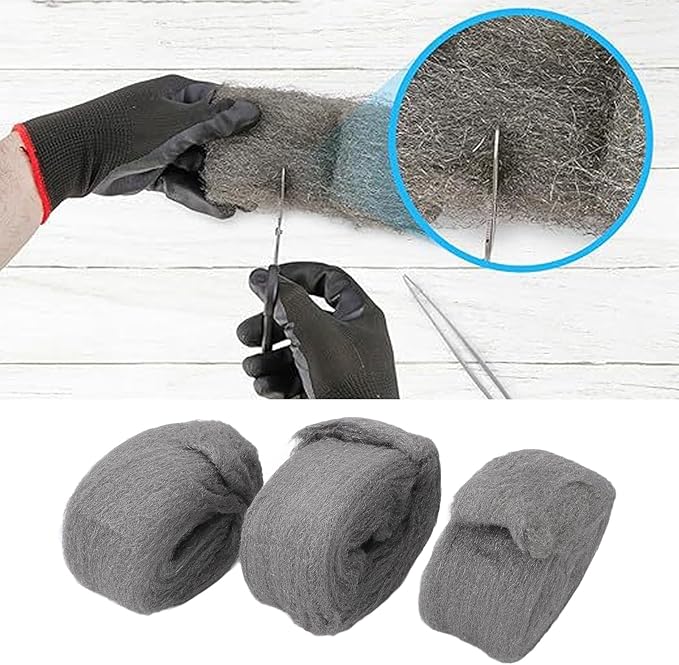 FTVOGUE Steel Wool Fill Fabric Kit 3 Rolls 3.3x10 Foot with Gloves Scissors Tweezers for Wall Cracks Holes Pipe Vents Rodents Barrier