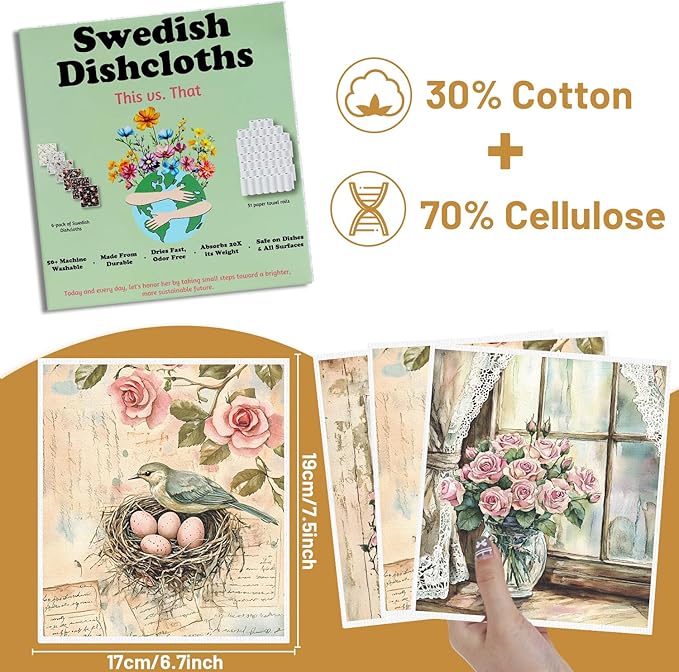 Floral Swedish Dishcloths for Kitchen, 6 Pack Flower and Birds Reusable Dish Paper Hand Towels Housewarming Gifts, Absorbent Dish Rags for Home Cooking Cleaning