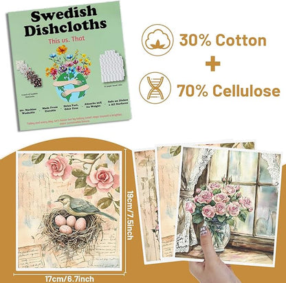 Floral Swedish Dishcloths for Kitchen, 6 Pack Flower and Birds Reusable Dish Paper Hand Towels Housewarming Gifts, Absorbent Dish Rags for Home Cooking Cleaning