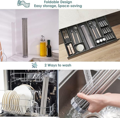 Tomorotec Roll Up Dish Drying Rack Over the Sink Grey Large Dish Drying Rack Rolling Foldable Collapsible SUS304 Stainless Steel Multipurpose Dish Drainer for Kitchen Counter (21”x11.8”)