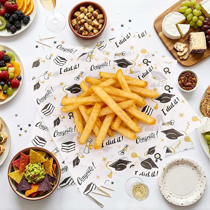 FOIMAS 150pcs Graduation Wax Paper,9.8 x 9.8 Inch Congrats Grad Food Deli Paper Grad Cap Sandwich Basket Liner for 2026 Graduation Party Kitchen Supply