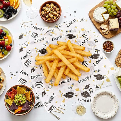 FOIMAS 150pcs Graduation Wax Paper,9.8 x 9.8 Inch Congrats Grad Food Deli Paper Grad Cap Sandwich Basket Liner for 2026 Graduation Party Kitchen Supply