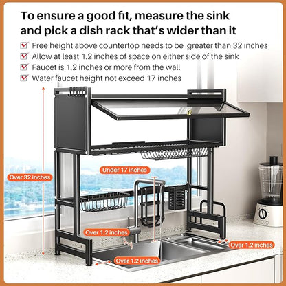 Over The Sink Dish Drainer Drying Rack 3 Tiers with Cover, Keep Kitchen Sink Shlef Organized Space-Saving Dish Drying Rack, Large Stainless Steel Sink Drying Rack for Dishes, Bowls, Cutlery (33.4"W)