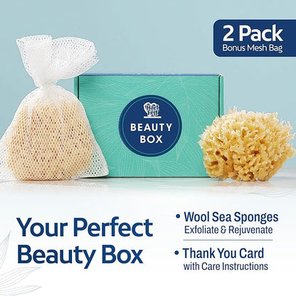 HartFelt Wool Sea Sponge Beauty Box for Delicate Skin | 2 Bath Sponges for Shower Women & Men 4 in | Natural Sponge with Mesh Bag for Cleaning & Drying | Chemical-Free Body Sponge Set - Gift Box
