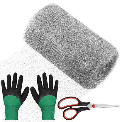 Swpeet 3Pcs 5" x 50FT Wire Mesh Hole Fill Fabric with Scissors and Anti-scretch Gloves, Stainless Steel Wire Mesh Roll, Flexible Stretchy Mesh Fabric Ideal for Garden House and DIY