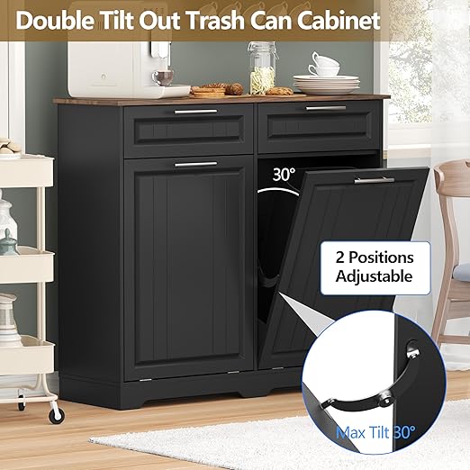 Double 10 Gallon Tilt Out Trash Can Cabinet with Deodorizing Function and Power Outlet, Wooden Hidden Garbage Can Holder with 2 Storage Drawers for Kitchen, Laundry Hamper Cabinet for Bathroom, Black